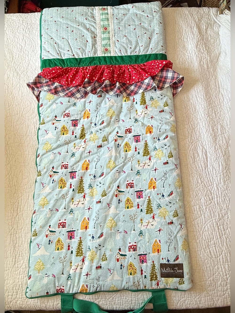 Matilda Jane Quilted Sleeping Bag with Red & Green Accents good used condition